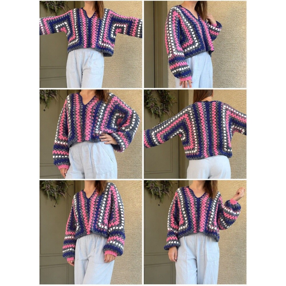 Handmade Crochet Pullover Sweater Pink Purple Striped Granny Stitch Boho Boxy M